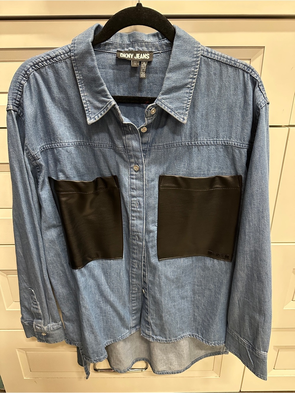 DKNY Light Blue Denim Shirt with Black Pocket Accents